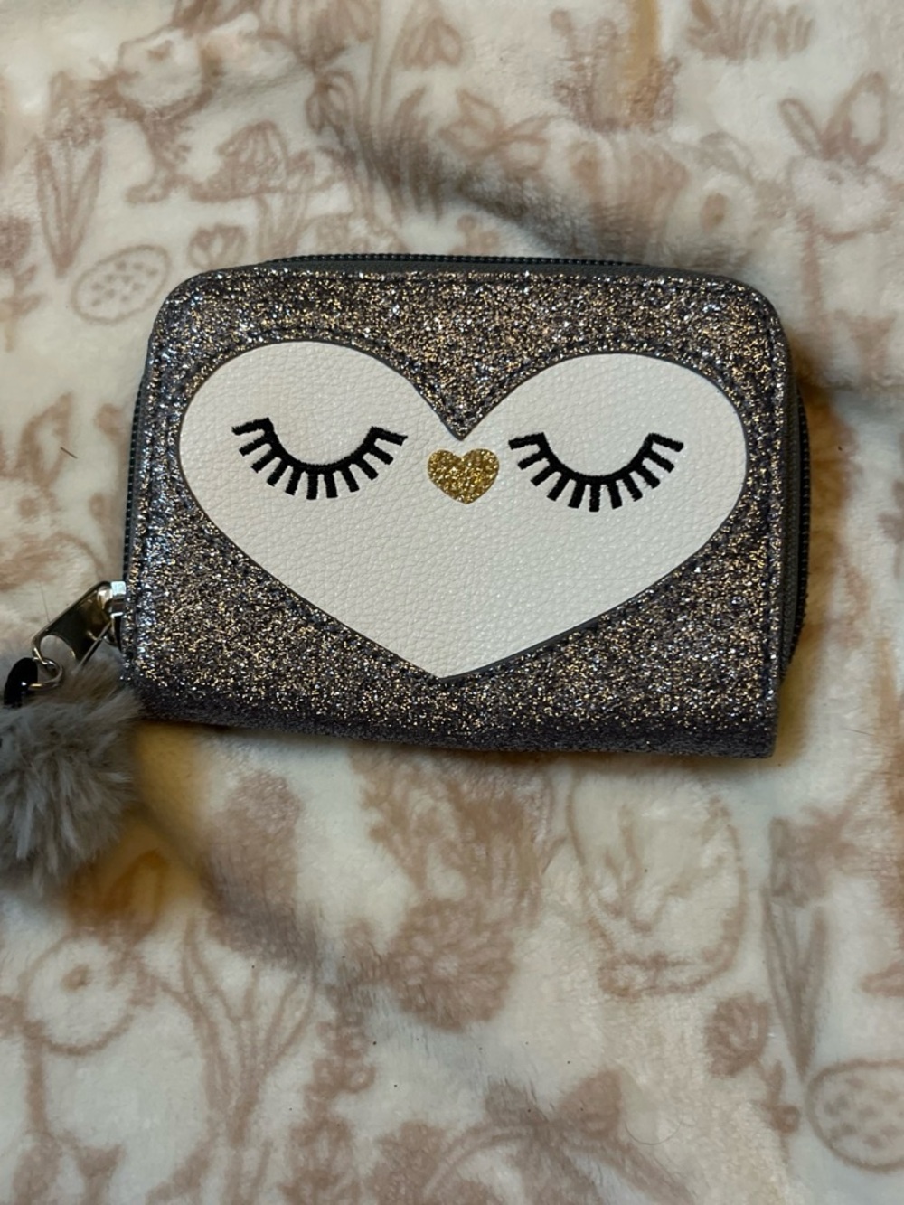 Glitter Heart Zip Wallet with Pom Keychain - Silver